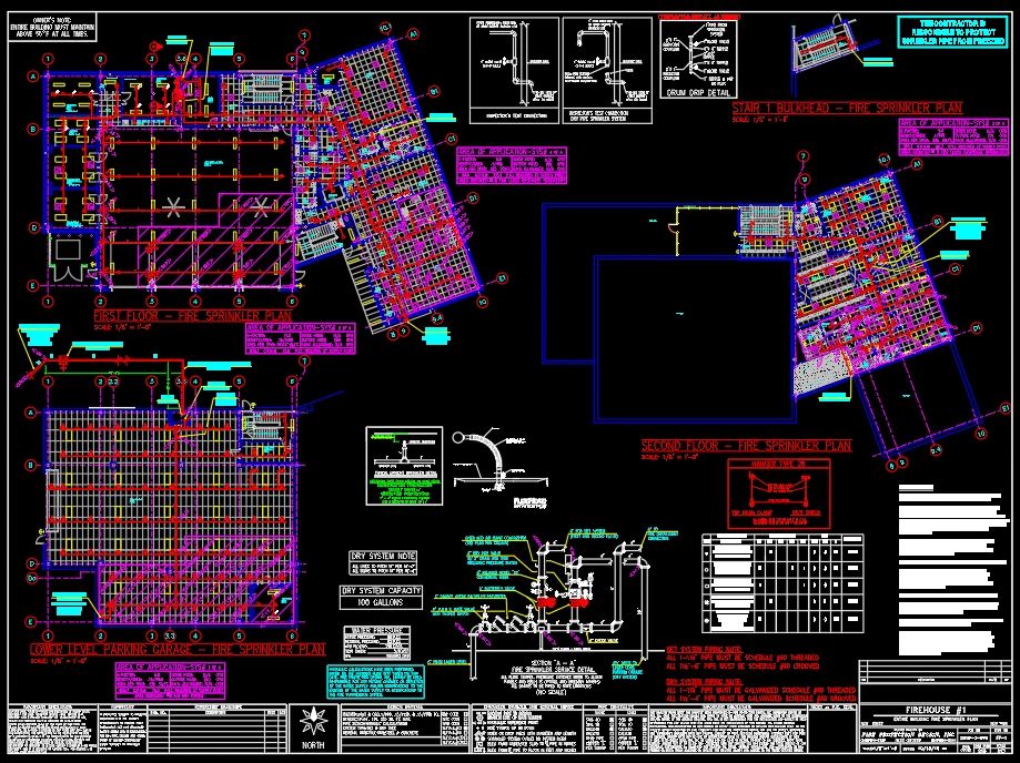 Fire sprinkler plan drawings — First Floor, Second Floor, Third Floor plans, Riser Diagram, and Building Section
